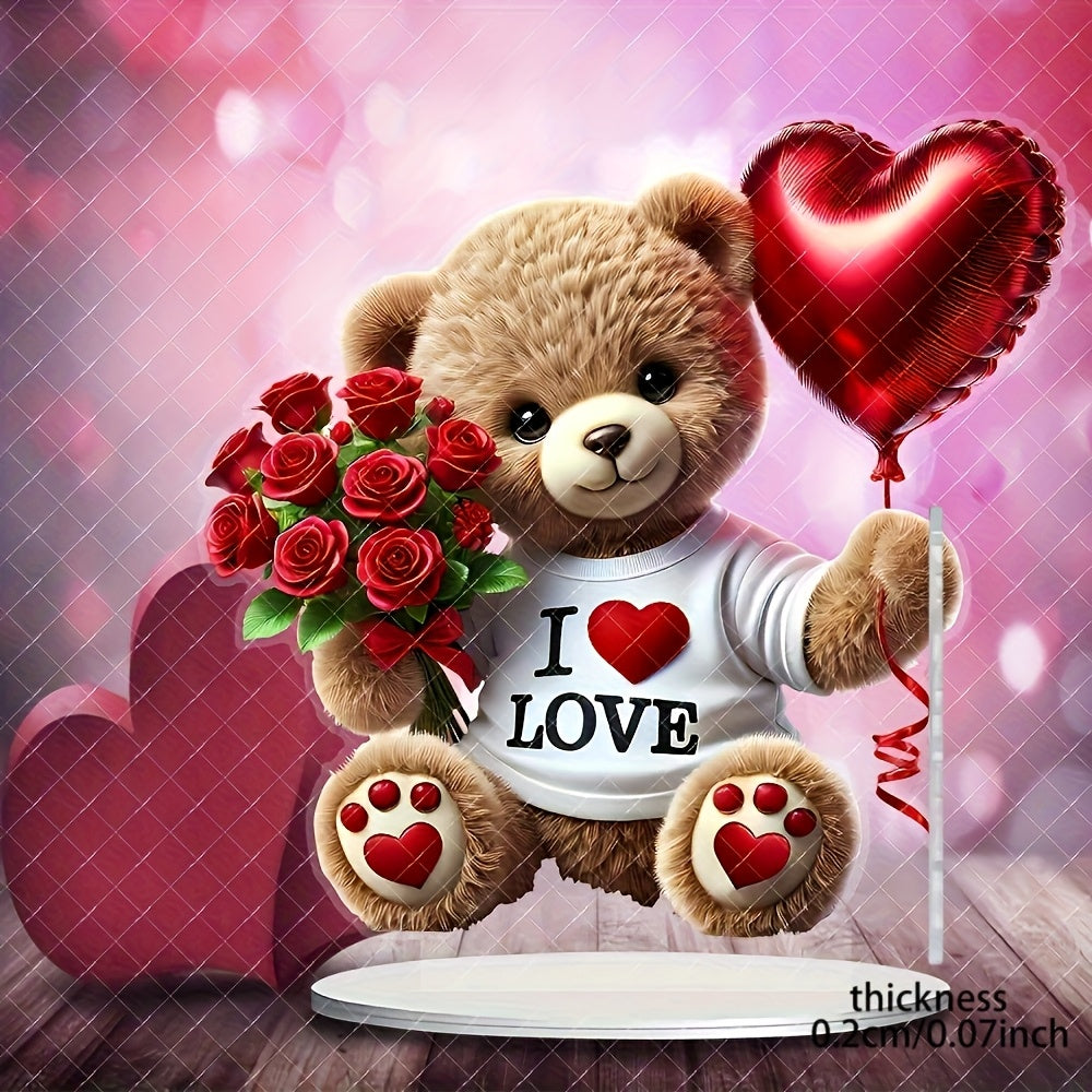 2D Flat, 1pc, 2D Acrylic Flat, Charming Bohemian Style Acrylic Teddy Bear with Rose and Heart Balloon- "I Love" Design, 8.7x7.87 Inches- Suitable for Home, Office, Garden, Ideal Gift, 2D Flat