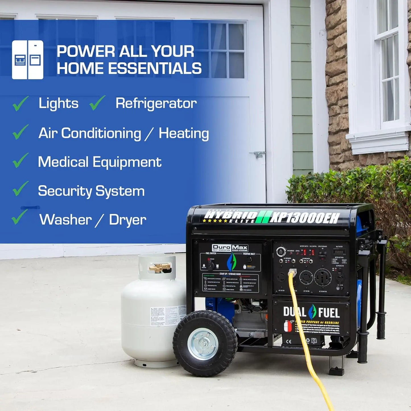 High-quality13,000-Watt Dual Fuel Portable Generator - Gas & Propane, Electric Start, Whole Home Backup Power, Transfer Switch