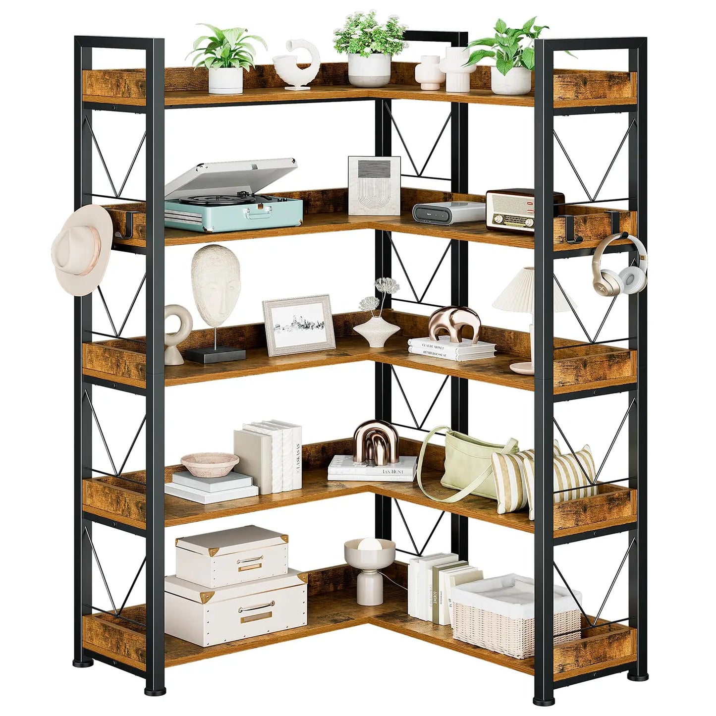 JHK 65 inch L Shaped Bookshelf 5 Tier Corner Bookcase with Hooks and Edge Metal Frame Wooden Open Storage for Living Room Home