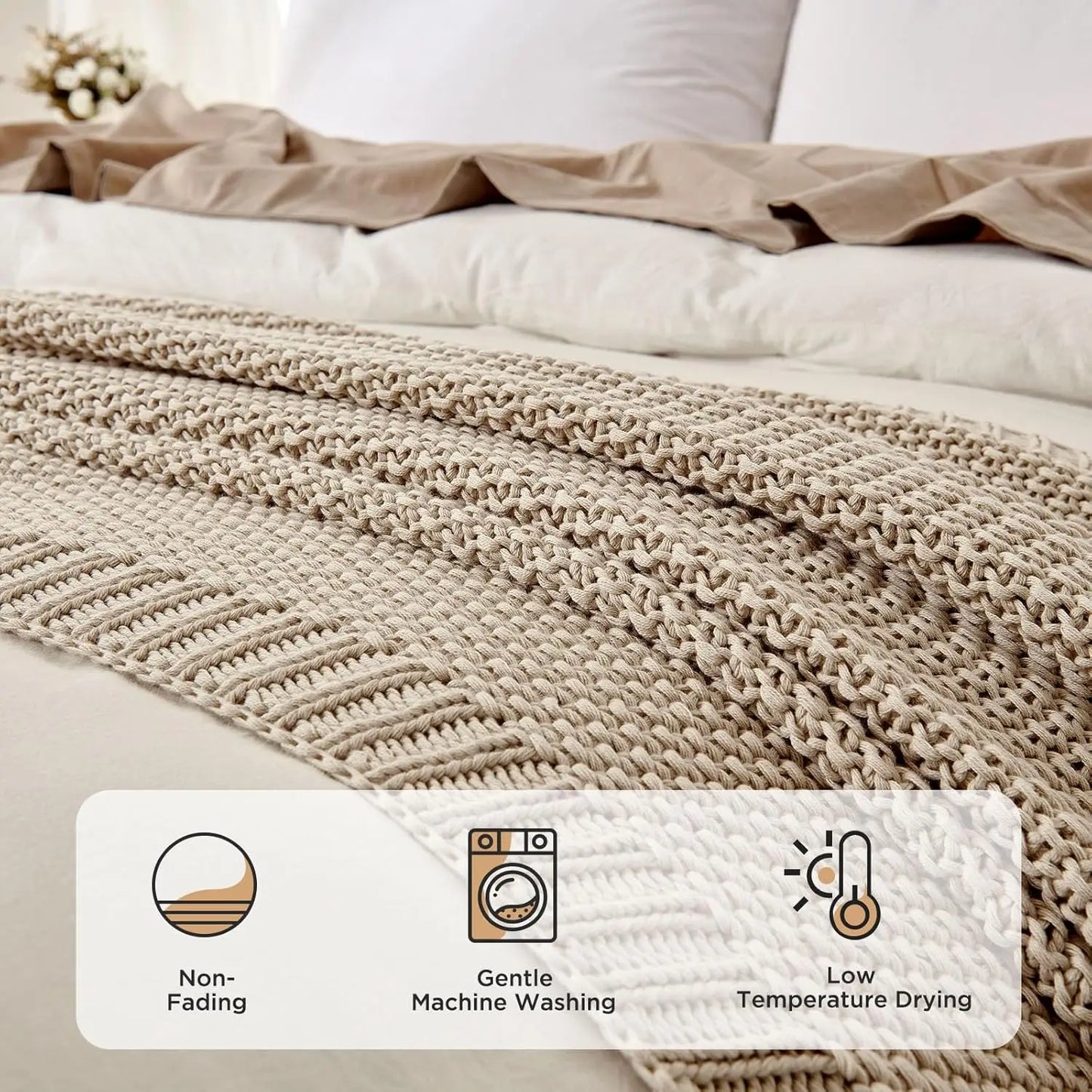 Thick knit blanket, lightweight 100% organic cotton soft and comfortable twin blanket (beige, 51 inches x 63 inches)