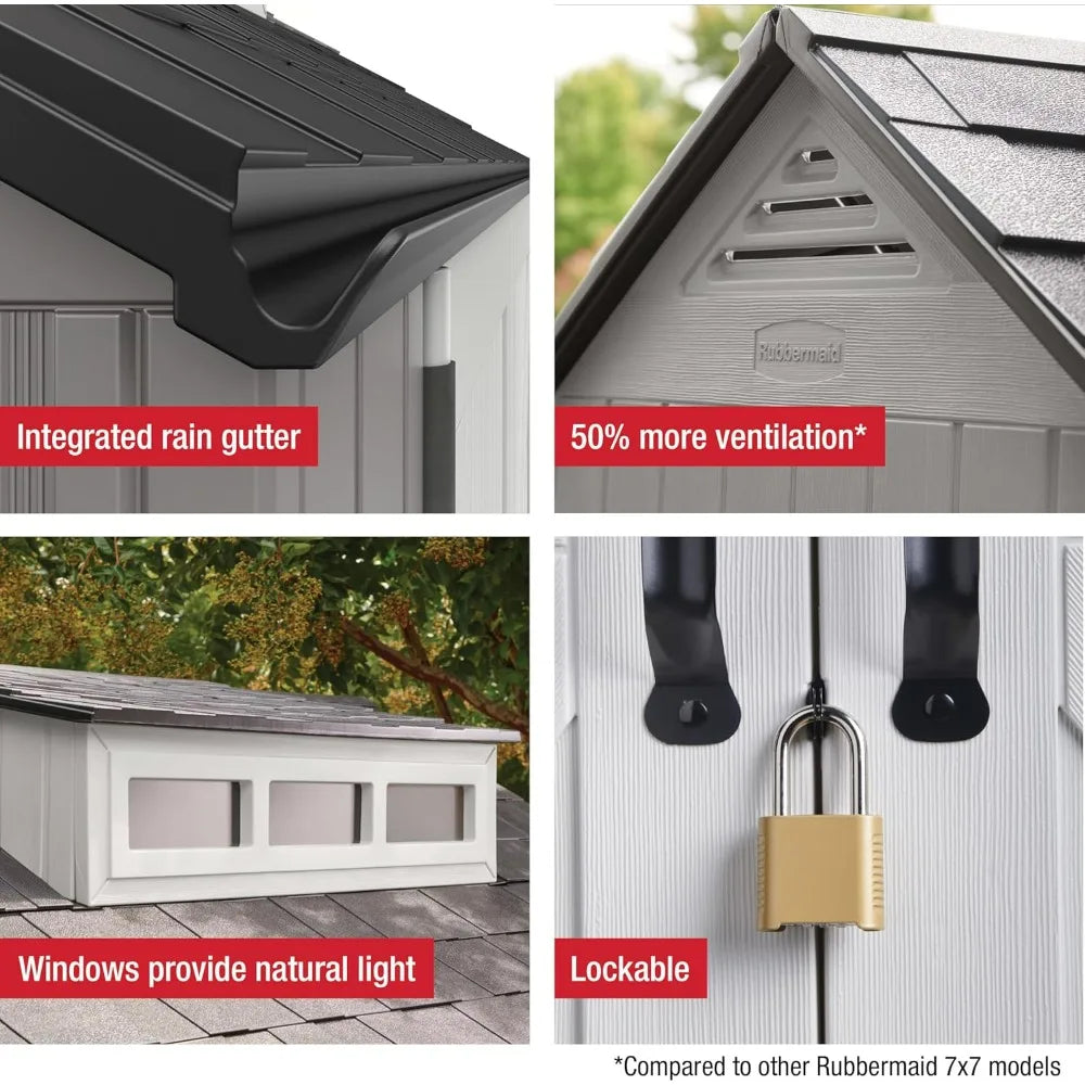 Weatherproof Gray Rubbermaid Outdoor Storage Shed with Floor, 7x7 Feet, Ideal for Home, Backyard, and Garden Tool Organization