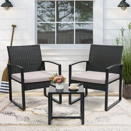 3pcs Outdoor Patio Furniture Set, 2 Waterproof Chairs And 1 Table Bistro Furniture Set, Wicker Rattan Conversation Set, Thick Cushions with Safety Glass Table Top,
