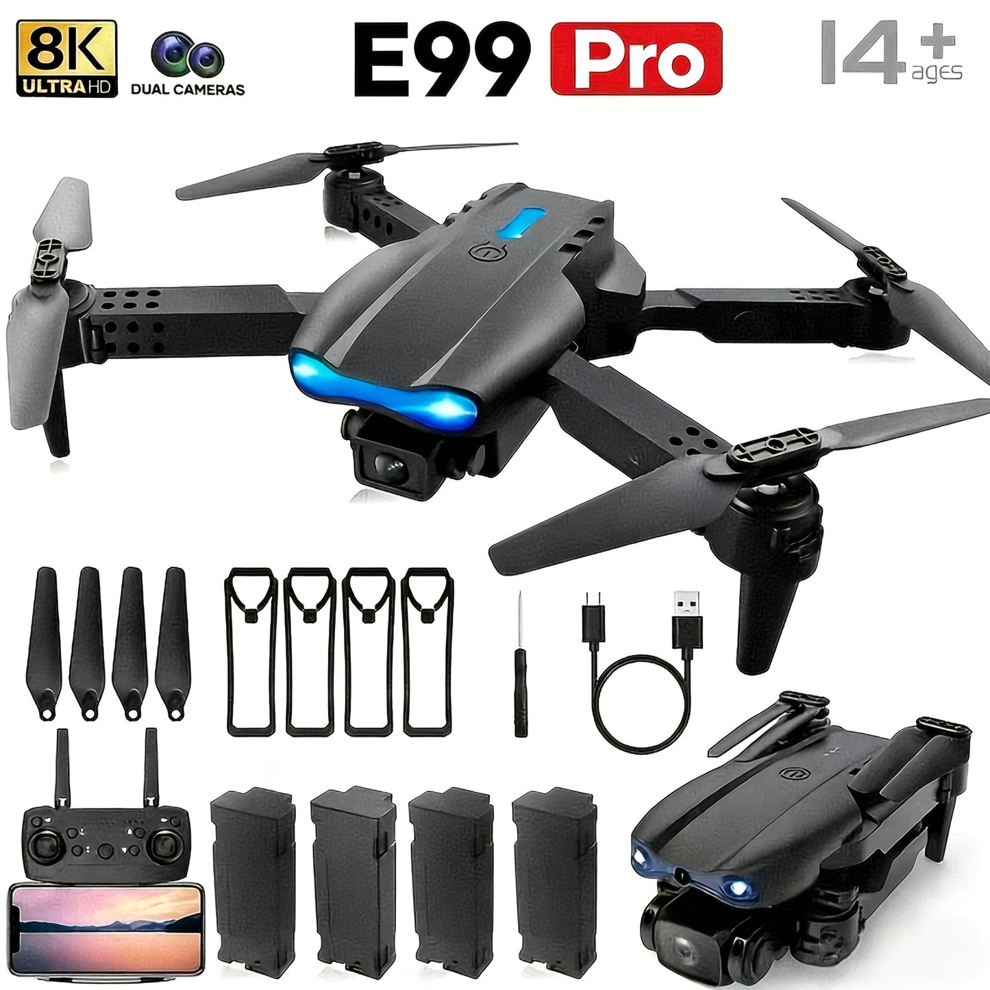 Drones Suitable for Beginners, Remote Control Drone Models: E88, E99 And S2, E99 Non Camera Versions, Foldable Design. E88 And E99 Have Different Model Options, While S2 Is Equipped with An Upgraded Brushless Motor. Equipped