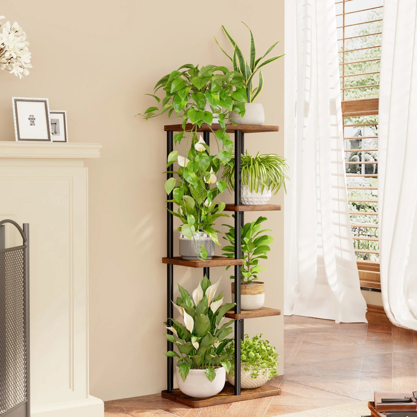 Brown Bamworld 5 Tier Metal Plant Stand Indoor Corner Shelf For Multiple Plants Tiered Flower Pot Holder Patio Garden Balcony