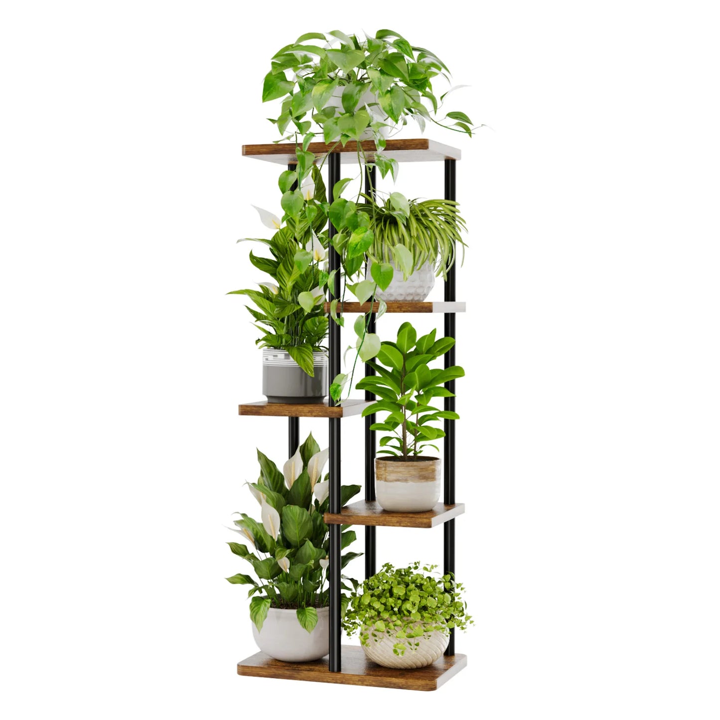 Brown Bamworld 5 Tier Metal Plant Stand Indoor Corner Shelf For Multiple Plants Tiered Flower Pot Holder Patio Garden Balcony