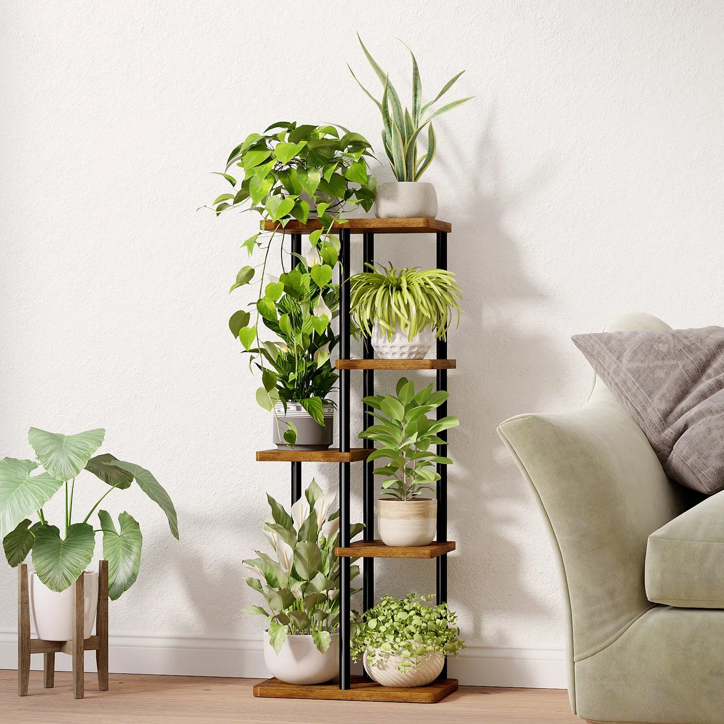 Brown Bamworld 5 Tier Metal Plant Stand Indoor Corner Shelf For Multiple Plants Tiered Flower Pot Holder Patio Garden Balcony