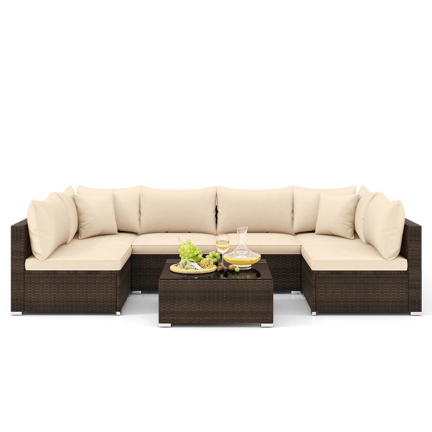 7 PCS Patio Rattan Furniture Set Sectional Sofa Cushioned Garden Brown