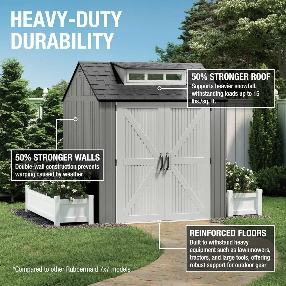 Weatherproof Gray Rubbermaid Outdoor Storage Shed with Floor, 7x7 Feet, Ideal for Home, Backyard, and Garden Tool Organization