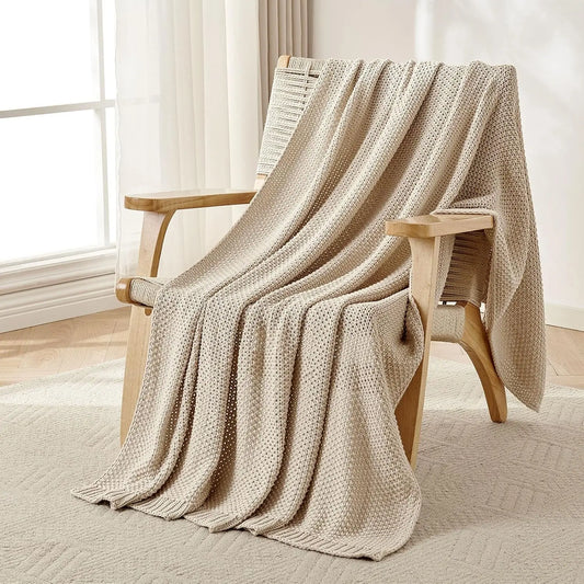 Thick knit blanket, lightweight 100% organic cotton soft and comfortable twin blanket (beige, 51 inches x 63 inches)