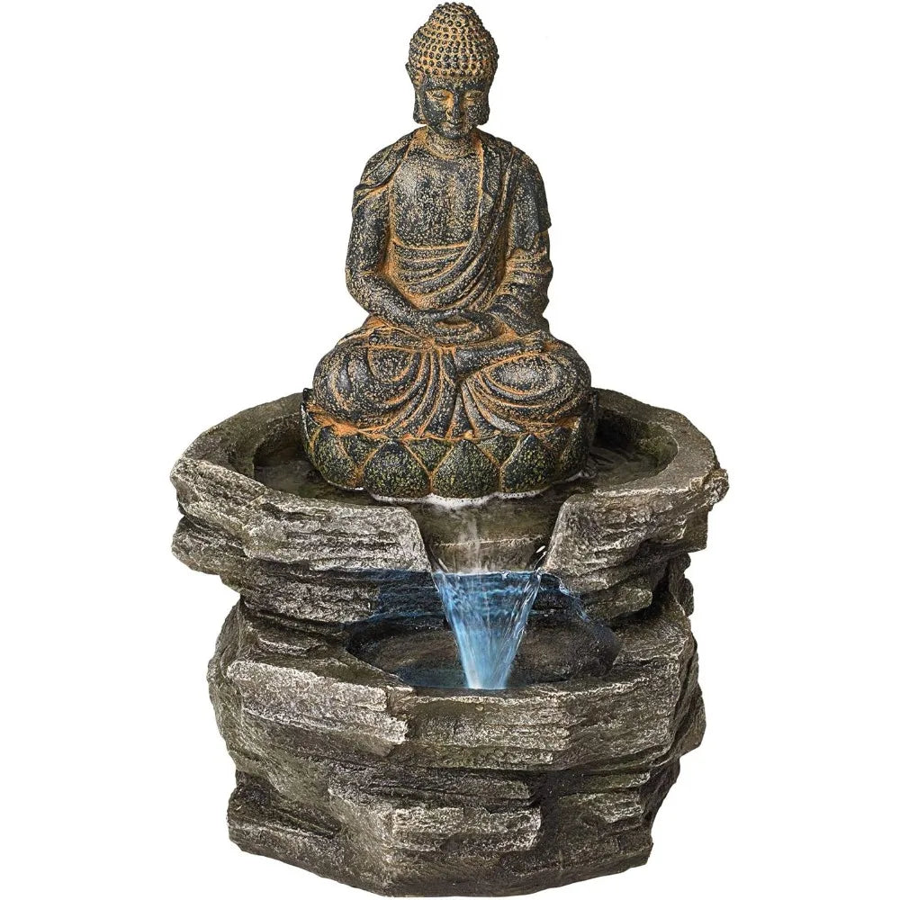 Sitting Buddha Rustic Zen Outdoor Floor Water Fountain 21" High with LED Light Meditation Decor for Garden Patio Backyard Deck H