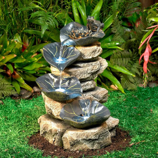 Frog and Four Lily Pad 21 High Large Rustic Indoor Outdoor Decor Faux Stone Floor Fountain with Light LED Standing Waterfall