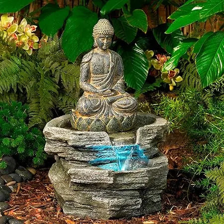 Sitting Buddha Rustic Zen Outdoor Floor Water Fountain 21" High with LED Light Meditation Decor for Garden Patio Backyard Deck H