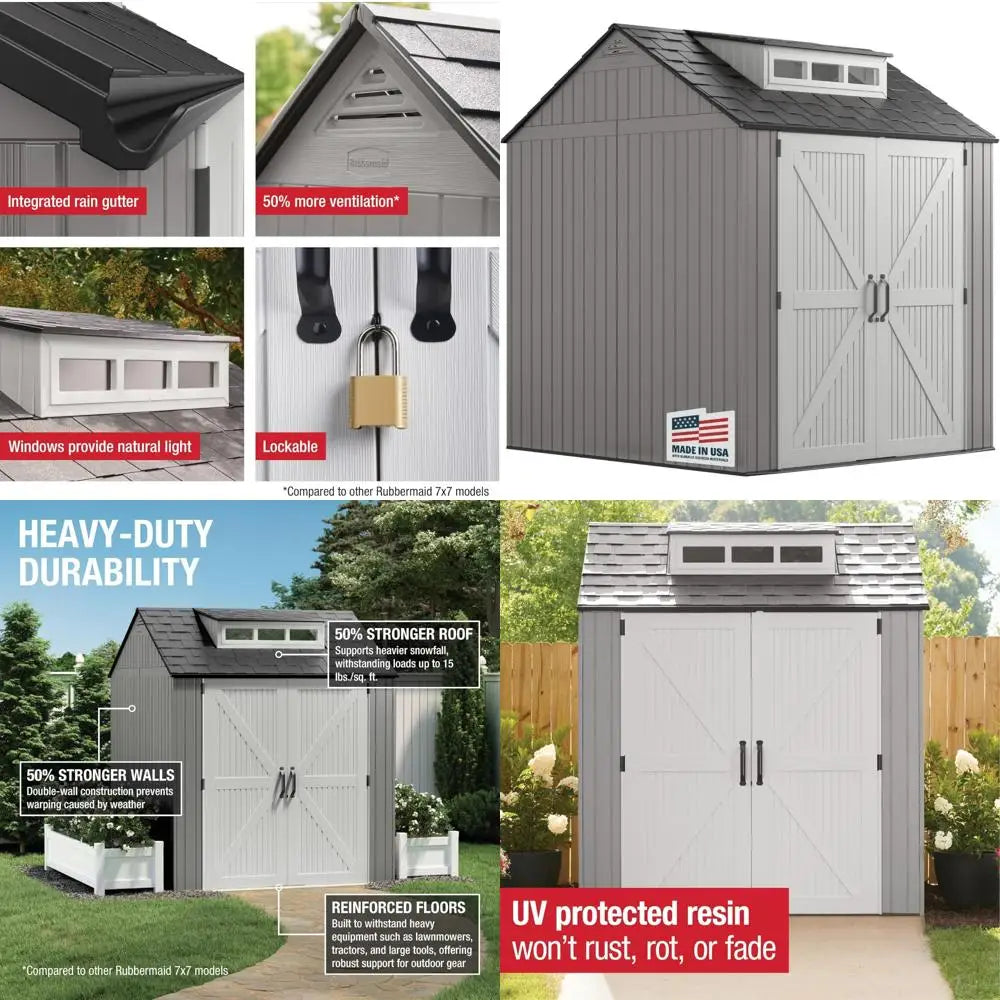 Weatherproof Gray Rubbermaid Outdoor Storage Shed with Floor, 7x7 Feet, Ideal for Home, Backyard, and Garden Tool Organization