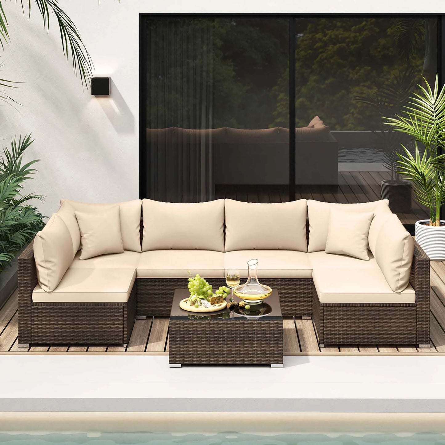 7 PCS Patio Rattan Furniture Set Sectional Sofa Cushioned Garden Brown