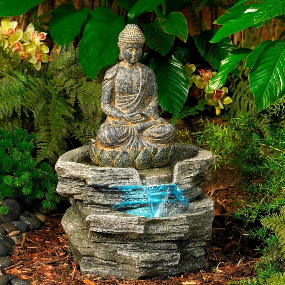 Sitting Buddha Rustic Zen Outdoor Floor Water Fountain 21" High with LED Light Meditation Decor for Garden Patio Backyard Deck H