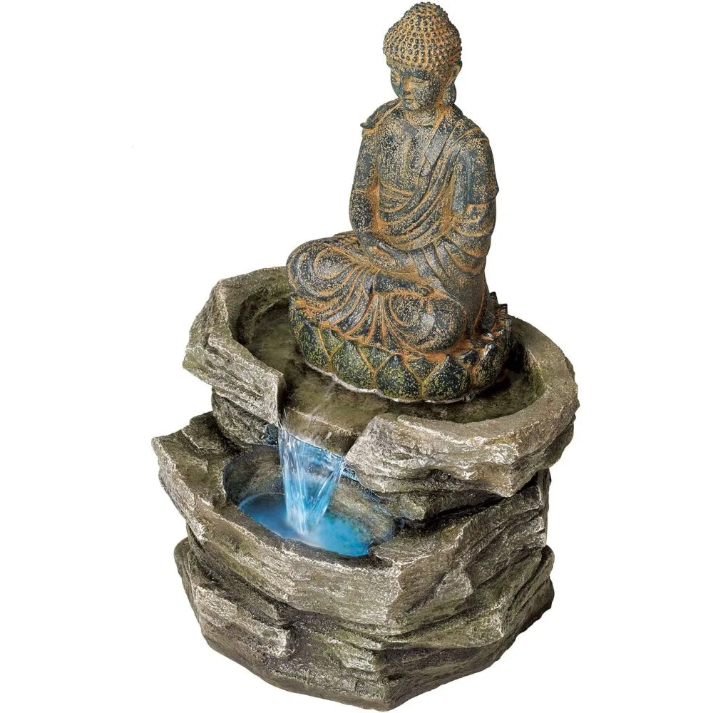 Sitting Buddha Rustic Zen Outdoor Floor Water Fountain 21" High with LED Light Meditation Decor for Garden Patio Backyard Deck H