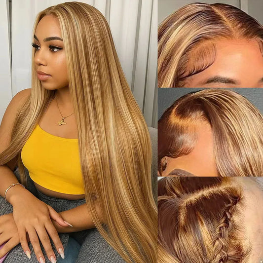 427 Highlight Ombre Straight Human Hair Wigs 13X6 Hd Lace Frontal Wig Honey Blonde Colored Brazilian Wig Original 13X4 For Women