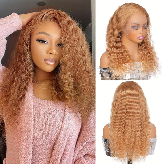 38Inch 13x6 HD Transparent Lace Front Wig Human Hair #27 Deep Wave Pre Plucked 200% Density Honey Blonde Curly Wig For Women