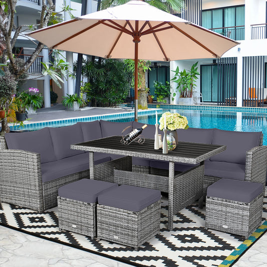 7 PCS Patio Rattan Dining Set Sectional Sofa Couch Ottoman Garden Grey