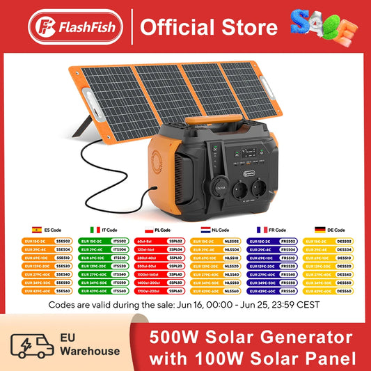 FF Flashfish A501 Portable Power Station 540Wh Lithium Batteries 500W Solar Generator 100W Solar Panel Complete Kit System Set