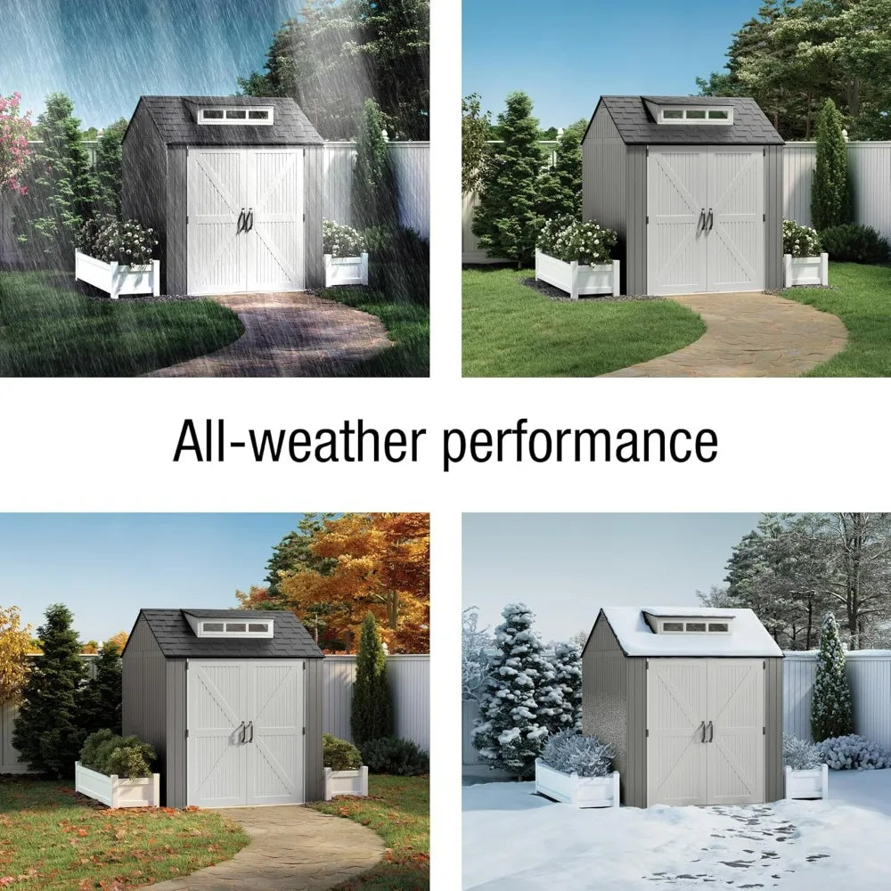 Weatherproof Gray Rubbermaid Outdoor Storage Shed with Floor, 7x7 Feet, Ideal for Home, Backyard, and Garden Tool Organization