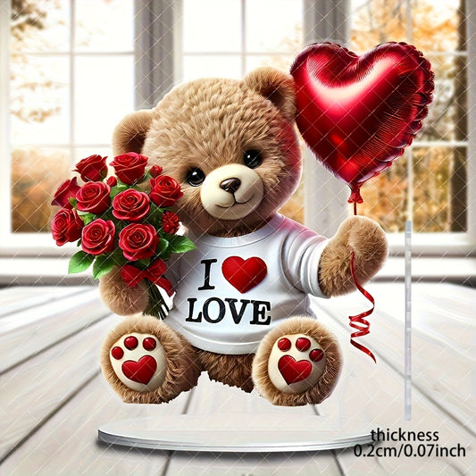 2D Flat, 1pc, 2D Acrylic Flat, Charming Bohemian Style Acrylic Teddy Bear with Rose and Heart Balloon- "I Love" Design, 8.7x7.87 Inches- Suitable for Home, Office, Garden, Ideal Gift, 2D Flat