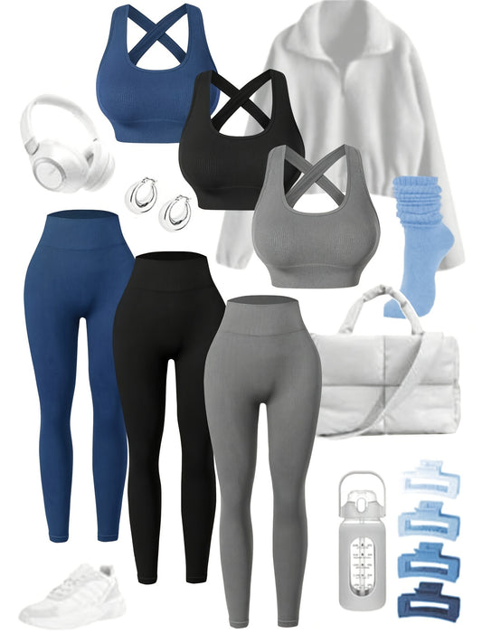 Three Seamless Women'S Activewear Sets High-Stretch Backless Bra And Hip-Lifting Leggings with Crossover Strap Details